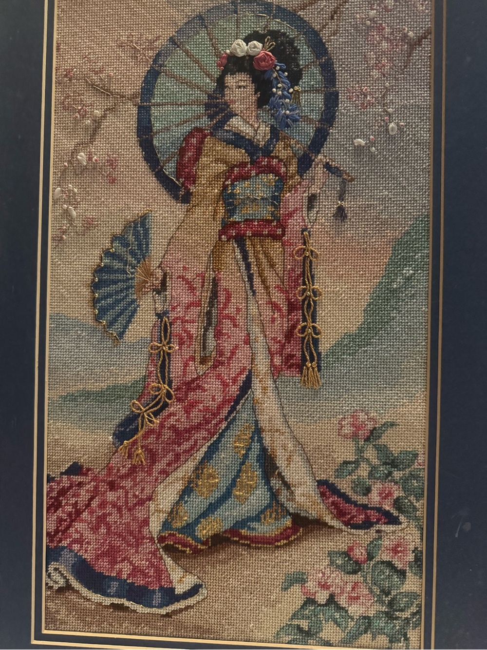 Vintage Completed Counted cross stitch Geisha Lady Handmade with frame 16x24